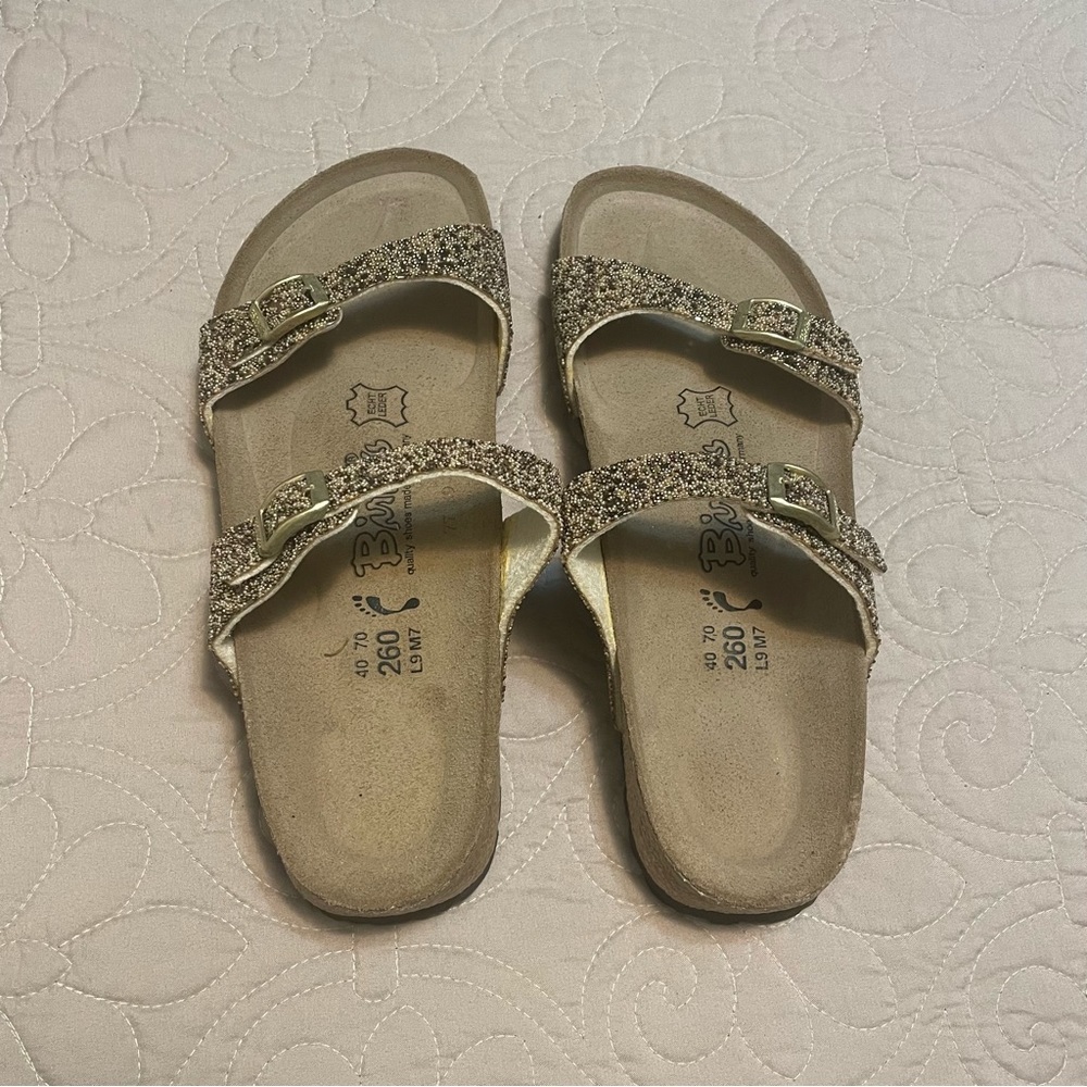 New Birkis (w/o box) by Birkenstock Sandal Black & Gold Sparkle